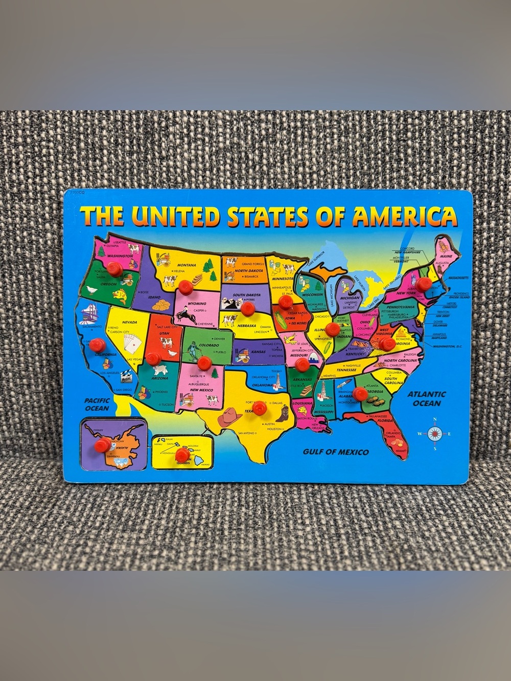 Vintage Wooden United States Map Peg Puzzle Learning Board Lift & Learn Toy VTG